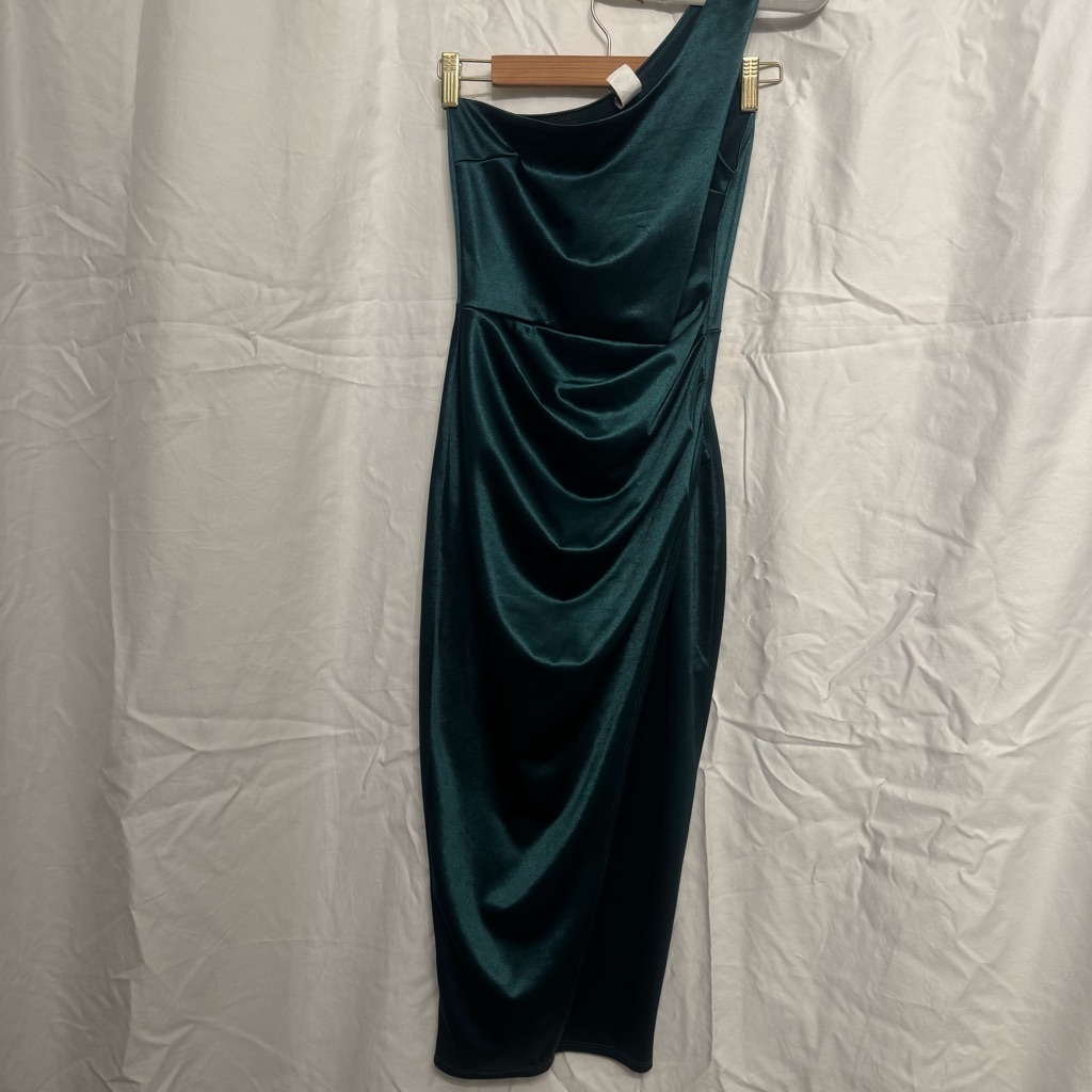 Windsor Green Asymmetrical Ruched Midi Dress